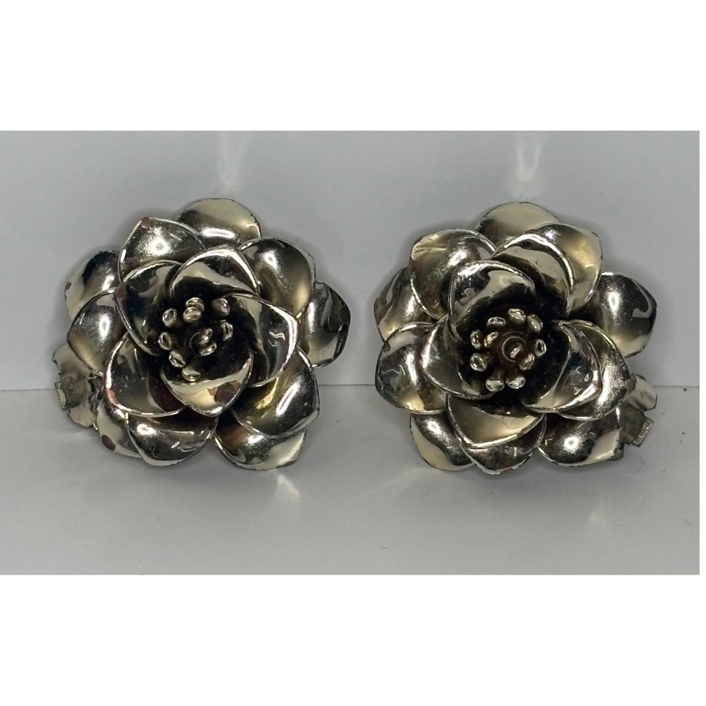 Vintage 1960s Earrings Metal Floral Clip On  3D Layered Rose Flower Studs
